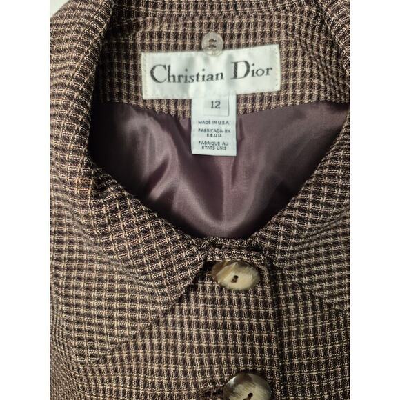 VTG 80s Christian Dior Brown Silk Blend Tweed Suit Jacket Womens 12 - Picture 4 of 9
